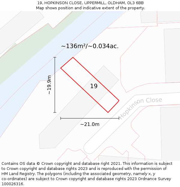 19, HOPKINSON CLOSE, UPPERMILL, OLDHAM, OL3 6BB: Plot and title map