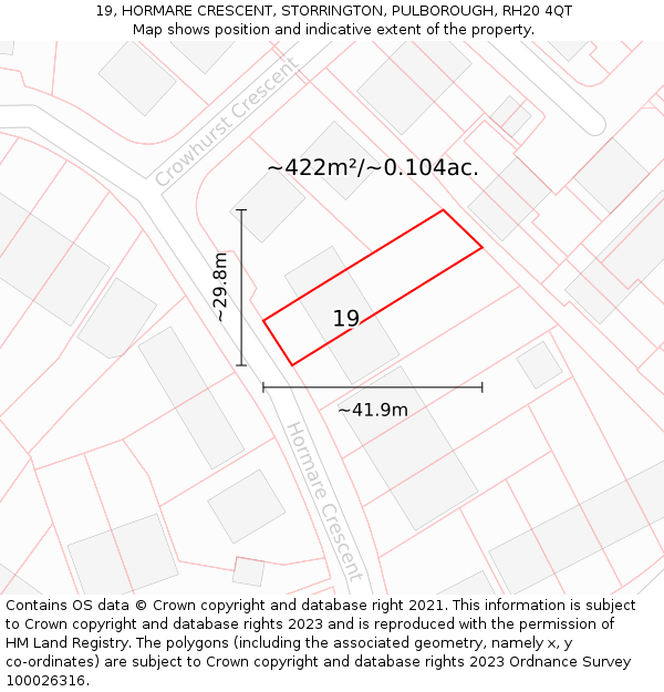 19, HORMARE CRESCENT, STORRINGTON, PULBOROUGH, RH20 4QT: Plot and title map