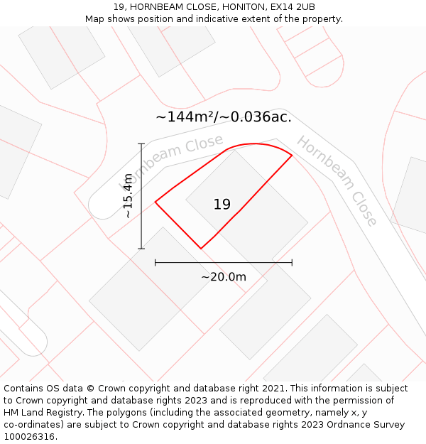 19, HORNBEAM CLOSE, HONITON, EX14 2UB: Plot and title map