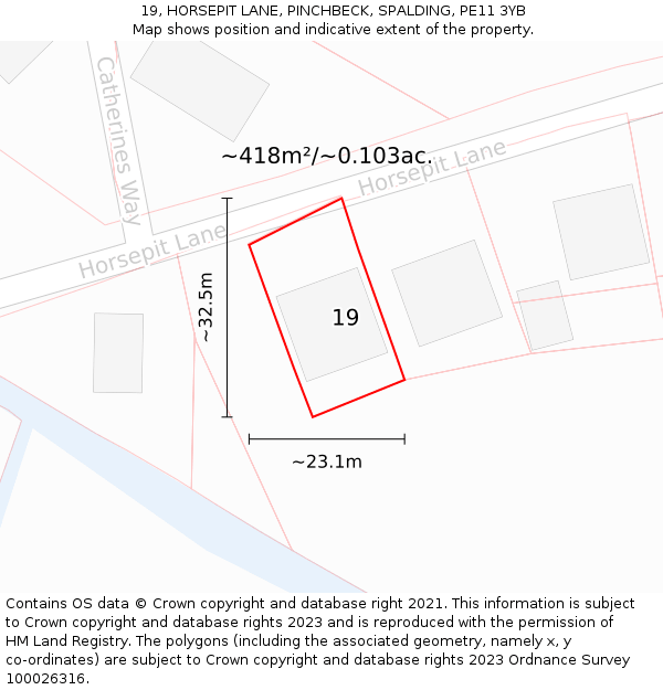 19, HORSEPIT LANE, PINCHBECK, SPALDING, PE11 3YB: Plot and title map