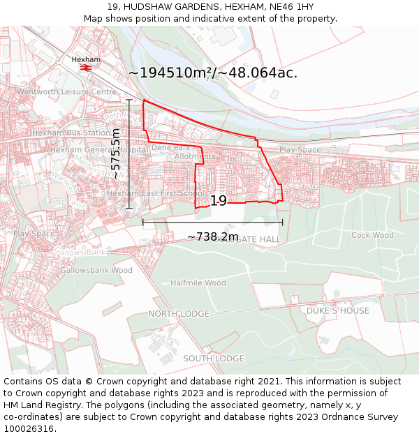 19, HUDSHAW GARDENS, HEXHAM, NE46 1HY: Plot and title map