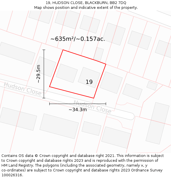 19, HUDSON CLOSE, BLACKBURN, BB2 7DQ: Plot and title map