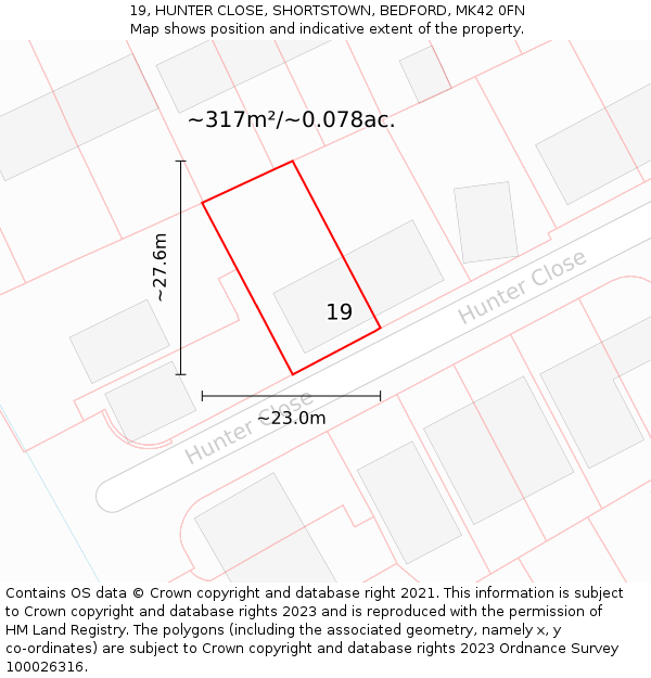 19, HUNTER CLOSE, SHORTSTOWN, BEDFORD, MK42 0FN: Plot and title map