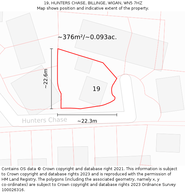 19, HUNTERS CHASE, BILLINGE, WIGAN, WN5 7HZ: Plot and title map