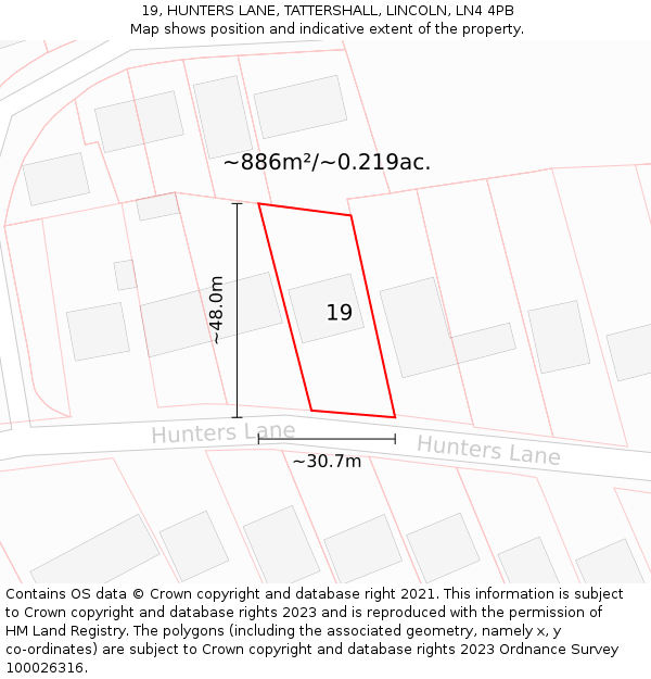 19, HUNTERS LANE, TATTERSHALL, LINCOLN, LN4 4PB: Plot and title map