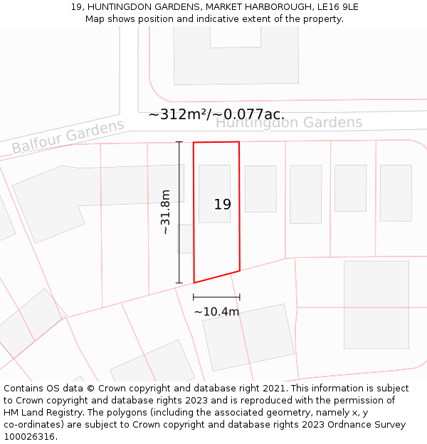 19, HUNTINGDON GARDENS, MARKET HARBOROUGH, LE16 9LE: Plot and title map