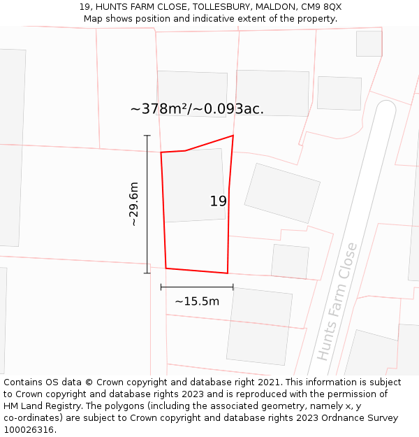 19, HUNTS FARM CLOSE, TOLLESBURY, MALDON, CM9 8QX: Plot and title map