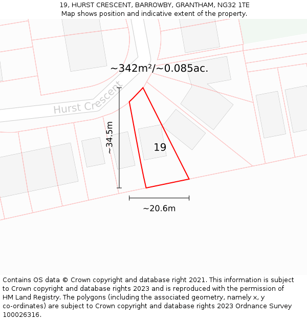 19, HURST CRESCENT, BARROWBY, GRANTHAM, NG32 1TE: Plot and title map