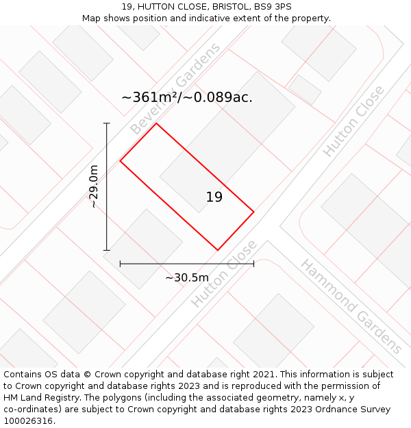 19, HUTTON CLOSE, BRISTOL, BS9 3PS: Plot and title map