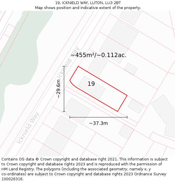 19, ICKNIELD WAY, LUTON, LU3 2BT: Plot and title map