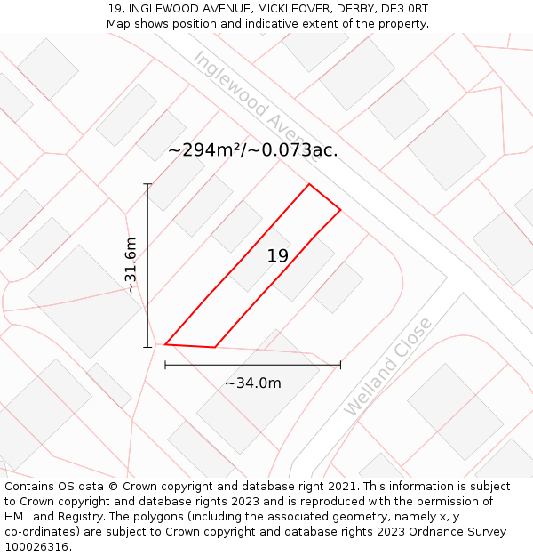 19, INGLEWOOD AVENUE, MICKLEOVER, DERBY, DE3 0RT: Plot and title map