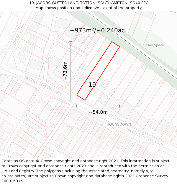 19, JACOBS GUTTER LANE, TOTTON, SOUTHAMPTON, SO40 9FQ: Plot and title map