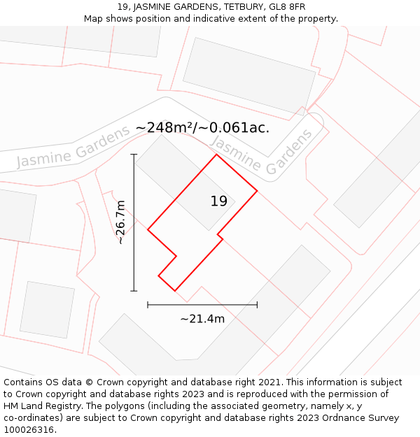 19, JASMINE GARDENS, TETBURY, GL8 8FR: Plot and title map