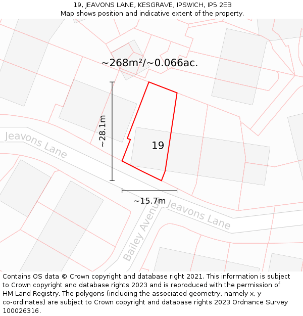 19, JEAVONS LANE, KESGRAVE, IPSWICH, IP5 2EB: Plot and title map