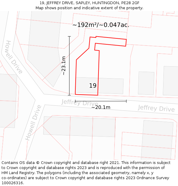 19, JEFFREY DRIVE, SAPLEY, HUNTINGDON, PE28 2GF: Plot and title map