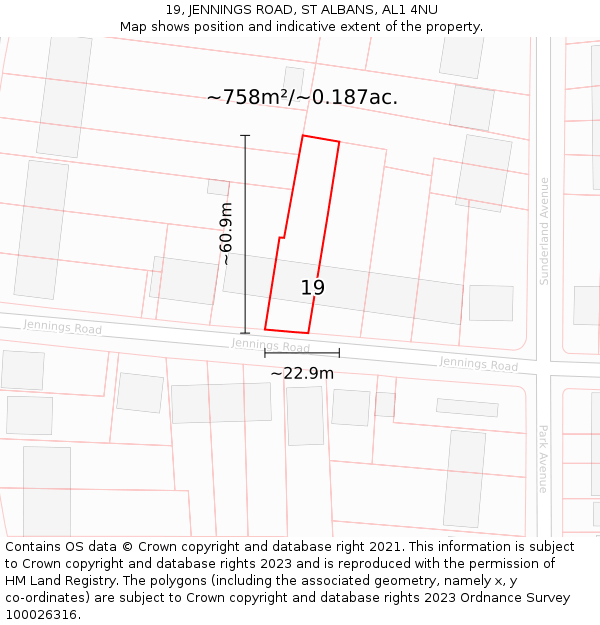 19, JENNINGS ROAD, ST ALBANS, AL1 4NU: Plot and title map