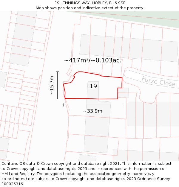 19, JENNINGS WAY, HORLEY, RH6 9SF: Plot and title map