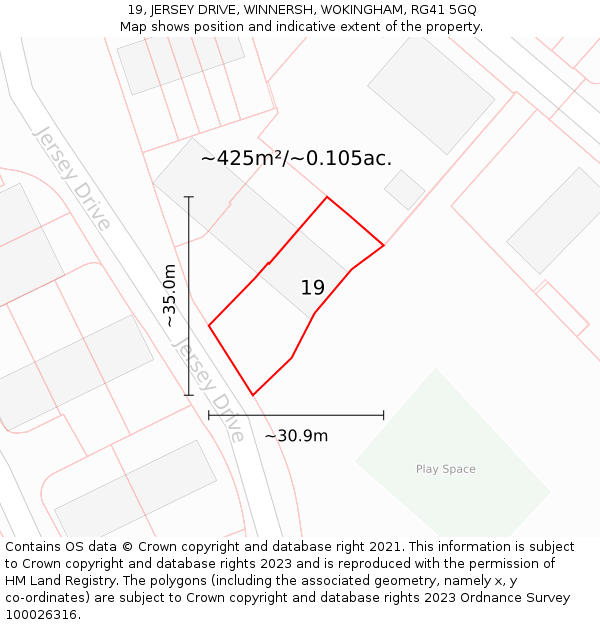 19, JERSEY DRIVE, WINNERSH, WOKINGHAM, RG41 5GQ: Plot and title map