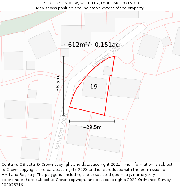 19, JOHNSON VIEW, WHITELEY, FAREHAM, PO15 7JR: Plot and title map