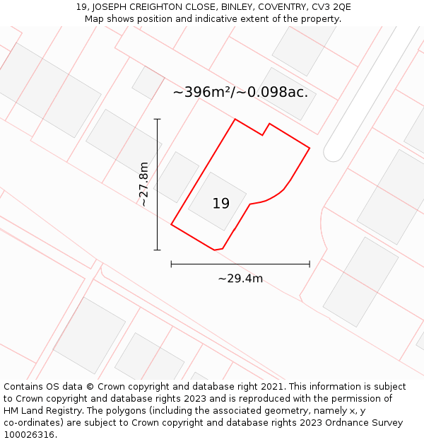 19, JOSEPH CREIGHTON CLOSE, BINLEY, COVENTRY, CV3 2QE: Plot and title map
