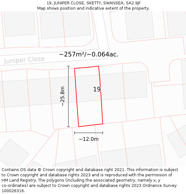 19, JUNIPER CLOSE, SKETTY, SWANSEA, SA2 9JF: Plot and title map