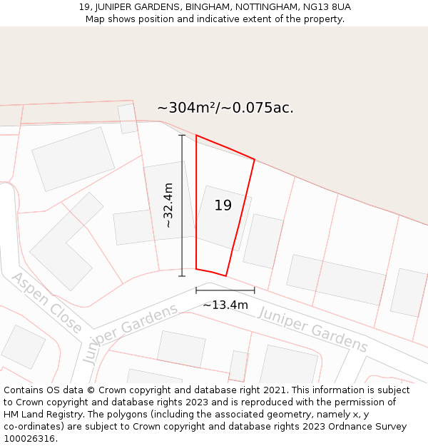 19, JUNIPER GARDENS, BINGHAM, NOTTINGHAM, NG13 8UA: Plot and title map