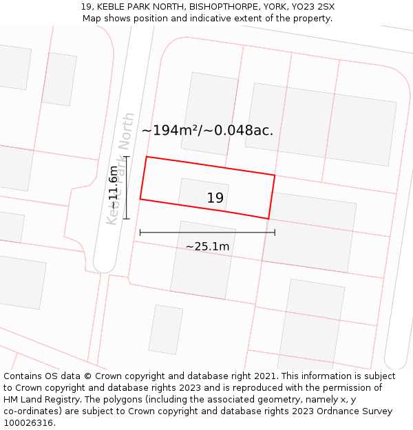 19, KEBLE PARK NORTH, BISHOPTHORPE, YORK, YO23 2SX: Plot and title map