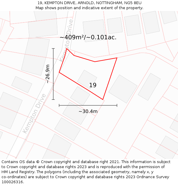 19, KEMPTON DRIVE, ARNOLD, NOTTINGHAM, NG5 8EU: Plot and title map