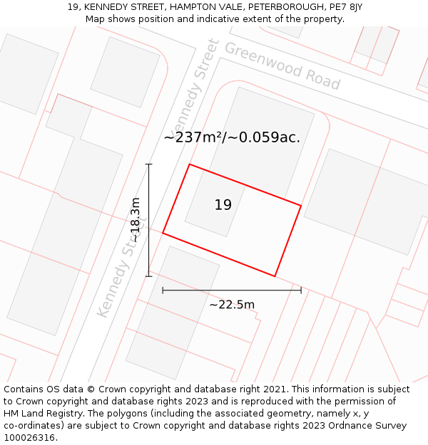 19, KENNEDY STREET, HAMPTON VALE, PETERBOROUGH, PE7 8JY: Plot and title map