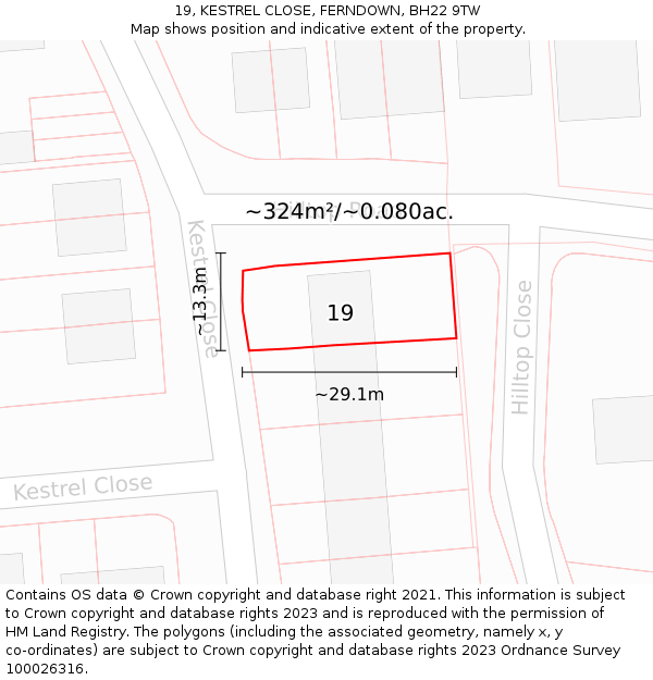 19, KESTREL CLOSE, FERNDOWN, BH22 9TW: Plot and title map