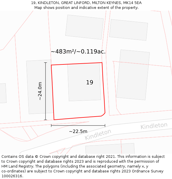 19, KINDLETON, GREAT LINFORD, MILTON KEYNES, MK14 5EA: Plot and title map