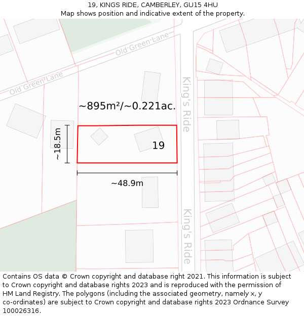 19, KINGS RIDE, CAMBERLEY, GU15 4HU: Plot and title map