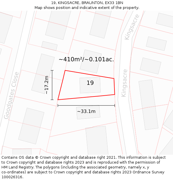 19, KINGSACRE, BRAUNTON, EX33 1BN: Plot and title map