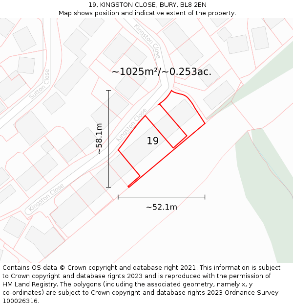 19, KINGSTON CLOSE, BURY, BL8 2EN: Plot and title map