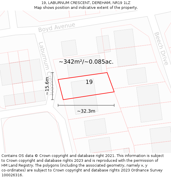 19, LABURNUM CRESCENT, DEREHAM, NR19 1LZ: Plot and title map