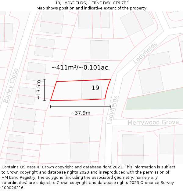 19, LADYFIELDS, HERNE BAY, CT6 7BF: Plot and title map