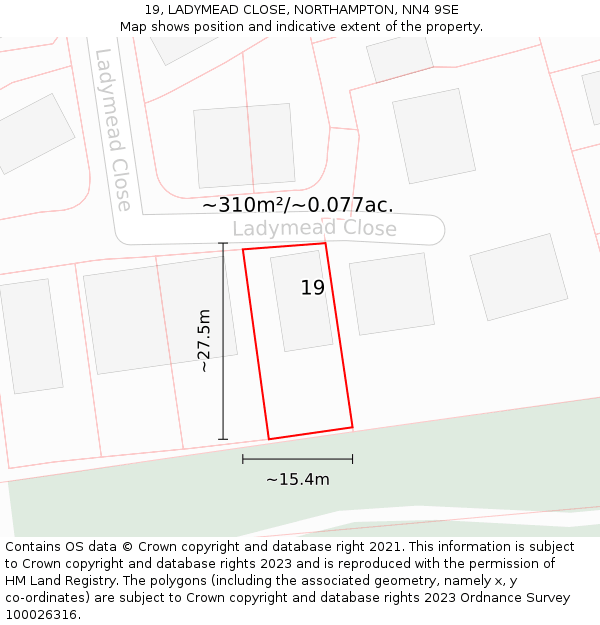 19, LADYMEAD CLOSE, NORTHAMPTON, NN4 9SE: Plot and title map