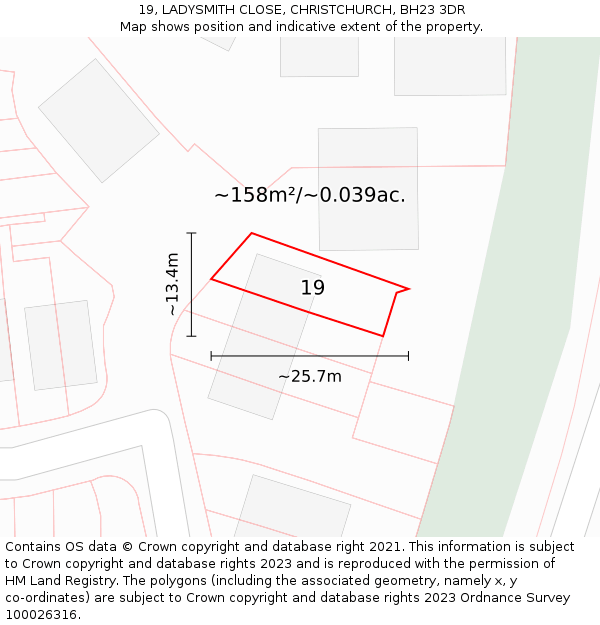 19, LADYSMITH CLOSE, CHRISTCHURCH, BH23 3DR: Plot and title map