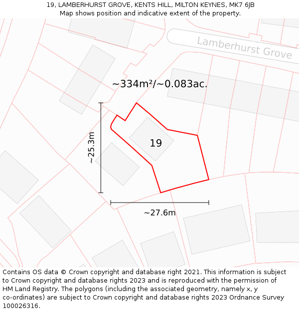 19, LAMBERHURST GROVE, KENTS HILL, MILTON KEYNES, MK7 6JB: Plot and title map