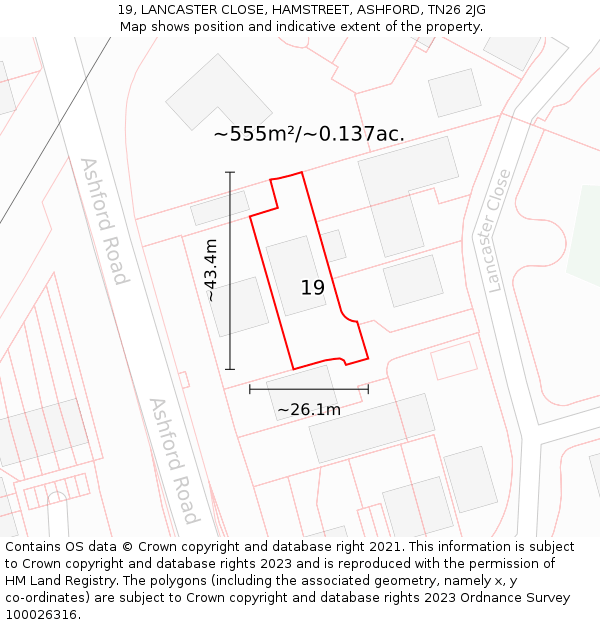 19, LANCASTER CLOSE, HAMSTREET, ASHFORD, TN26 2JG: Plot and title map