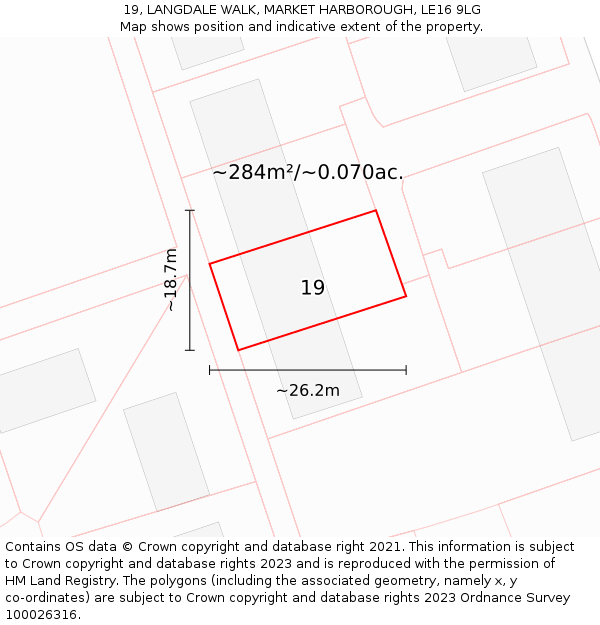 19, LANGDALE WALK, MARKET HARBOROUGH, LE16 9LG: Plot and title map