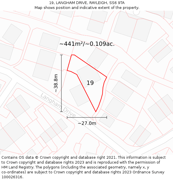 19, LANGHAM DRIVE, RAYLEIGH, SS6 9TA: Plot and title map