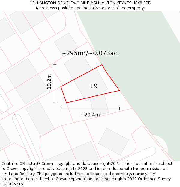 19, LANGTON DRIVE, TWO MILE ASH, MILTON KEYNES, MK8 8PD: Plot and title map