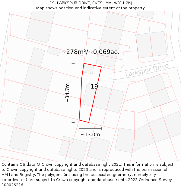 19, LARKSPUR DRIVE, EVESHAM, WR11 2NJ: Plot and title map