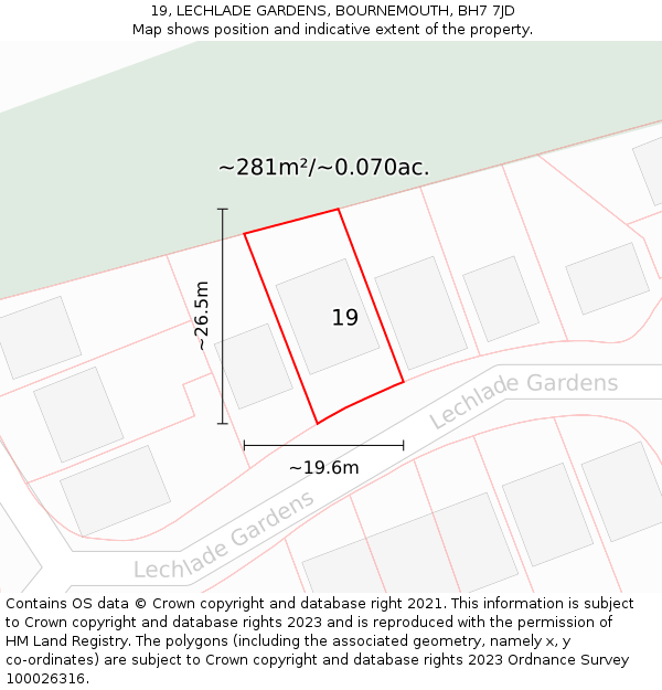 19, LECHLADE GARDENS, BOURNEMOUTH, BH7 7JD: Plot and title map