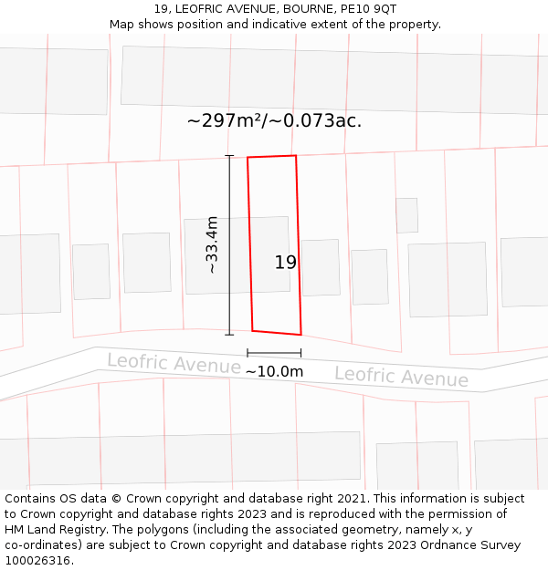 19, LEOFRIC AVENUE, BOURNE, PE10 9QT: Plot and title map