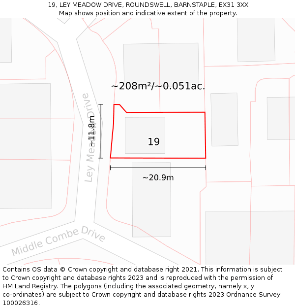 19, LEY MEADOW DRIVE, ROUNDSWELL, BARNSTAPLE, EX31 3XX: Plot and title map