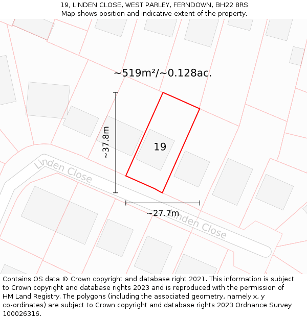 19, LINDEN CLOSE, WEST PARLEY, FERNDOWN, BH22 8RS: Plot and title map