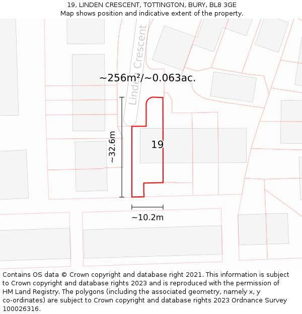 19, LINDEN CRESCENT, TOTTINGTON, BURY, BL8 3GE: Plot and title map