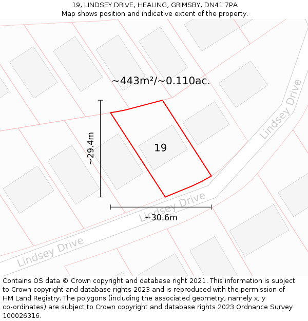 19, LINDSEY DRIVE, HEALING, GRIMSBY, DN41 7PA: Plot and title map